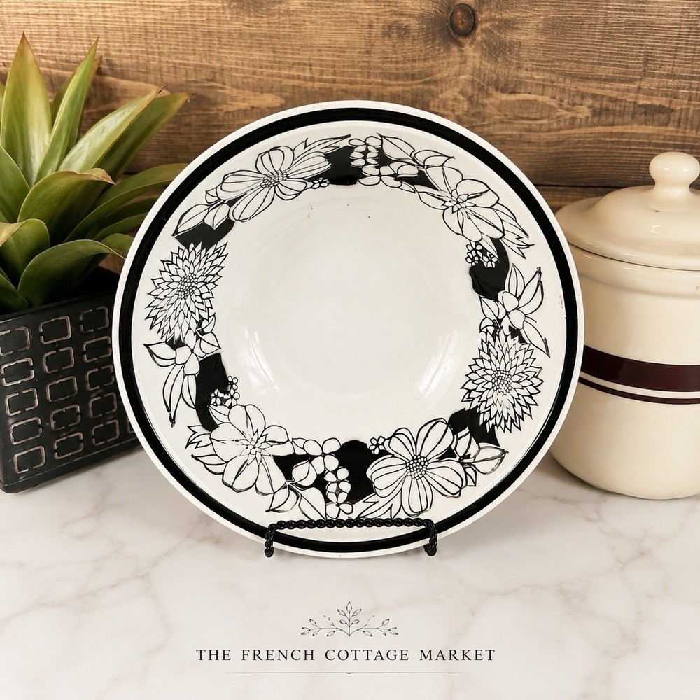 Vintage Black & White Floral Serving Bowl Retro Cottage Kitchen Farmhouse 9"
